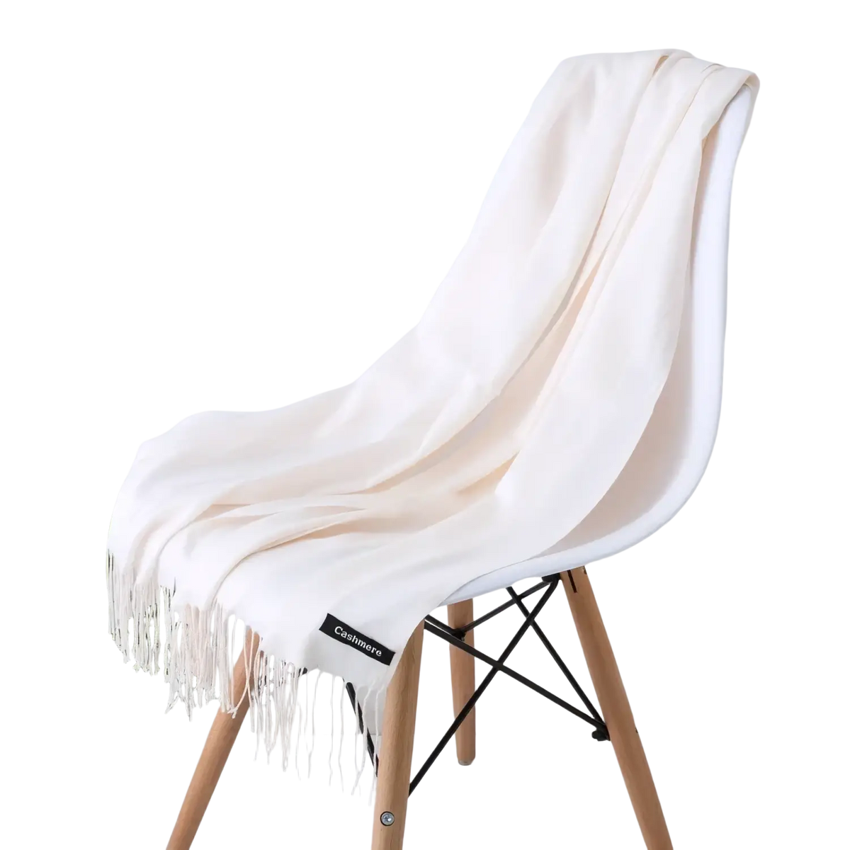 Cream-colored women cashmere feel winter scarf shawl with delicate fringe and subtle brand tag made of soft cashmere