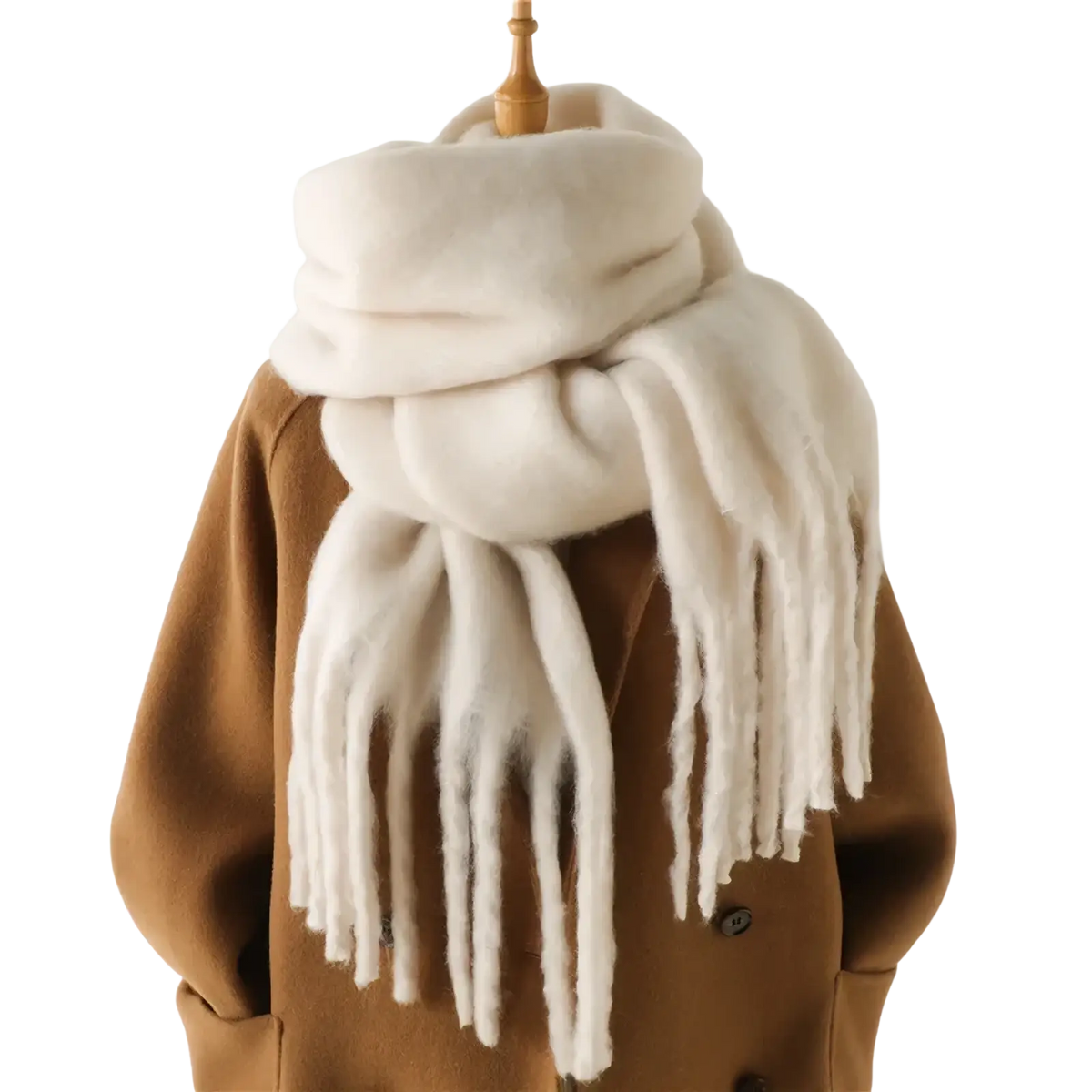 Cream-colored plush woolen women cashmere feel winter scarf shawl with long fringe ideal for cold weather use