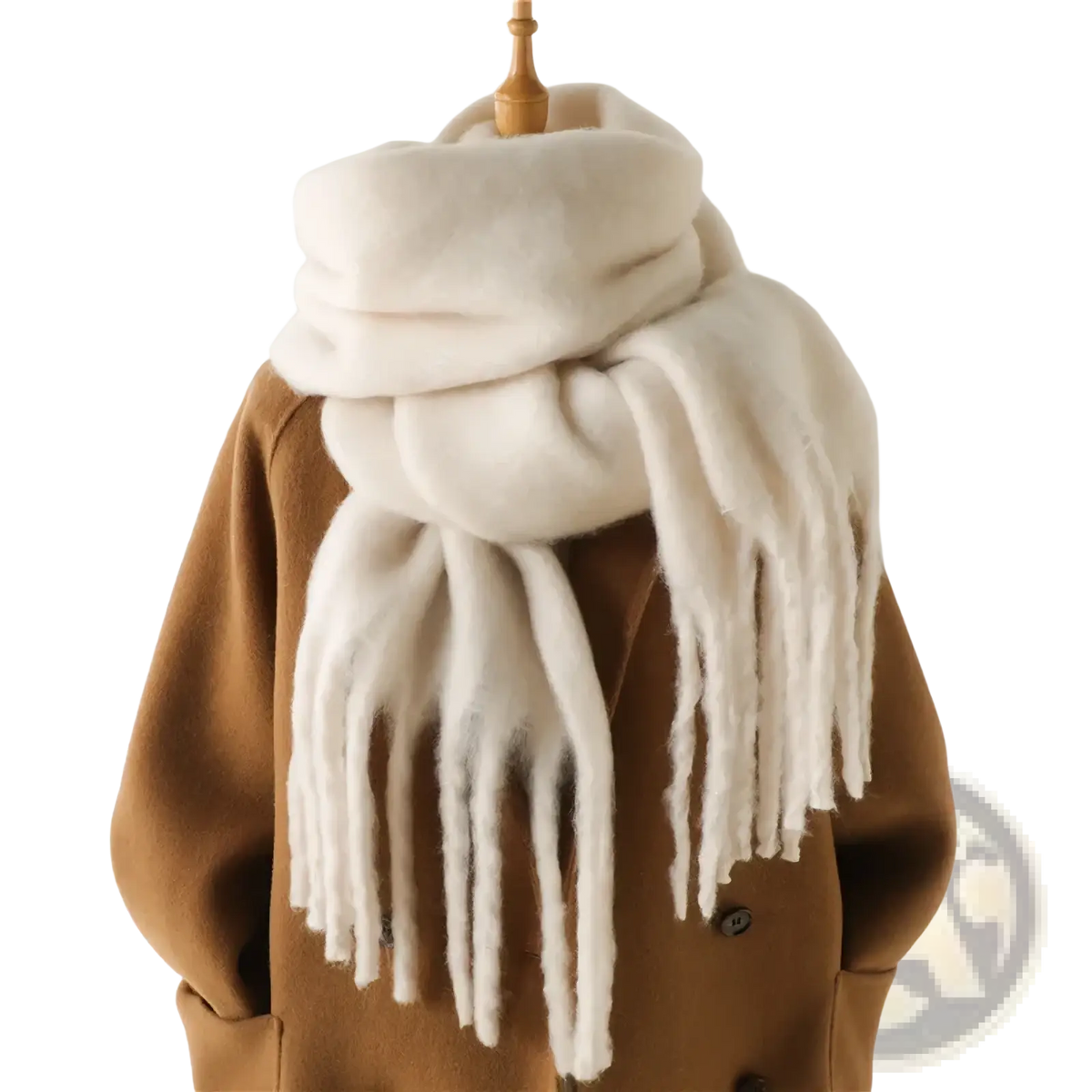 Cream-colored plush woolen women cashmere feel winter scarf shawl with long fringe ideal for cold weather use
