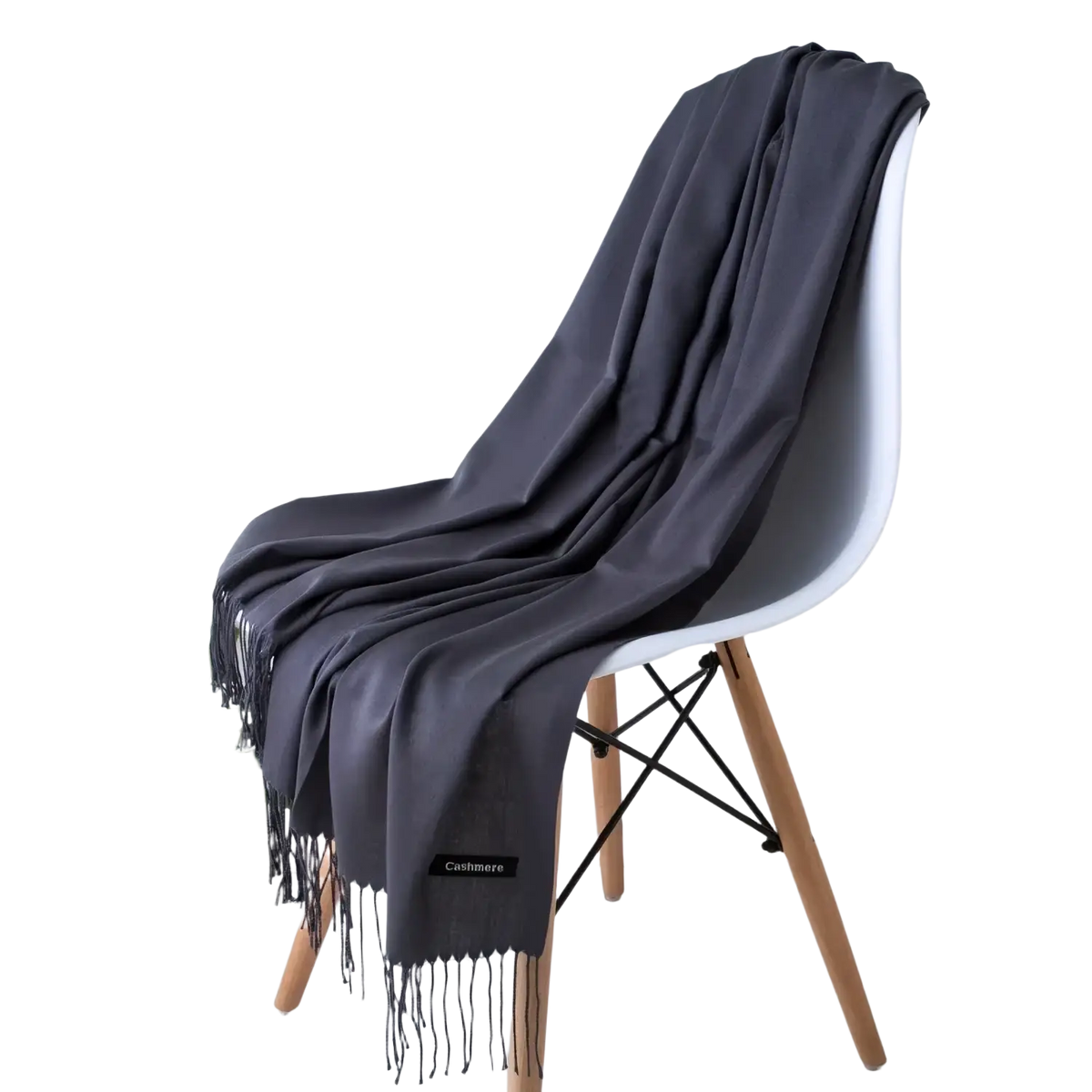 Dark gray cashmere feel winter scarf shawl with delicate fringe detailing for women