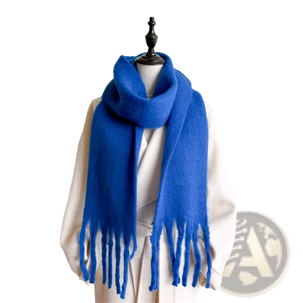Vibrant royal blue women cashmere feel winter scarf shawl with soft texture and long fringe ends