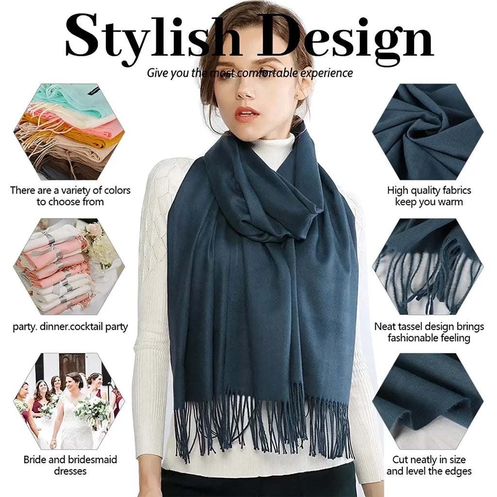 A navy blue women cashmere feel winter scarf shawl made of high-quality fabric with neat tassel fringe