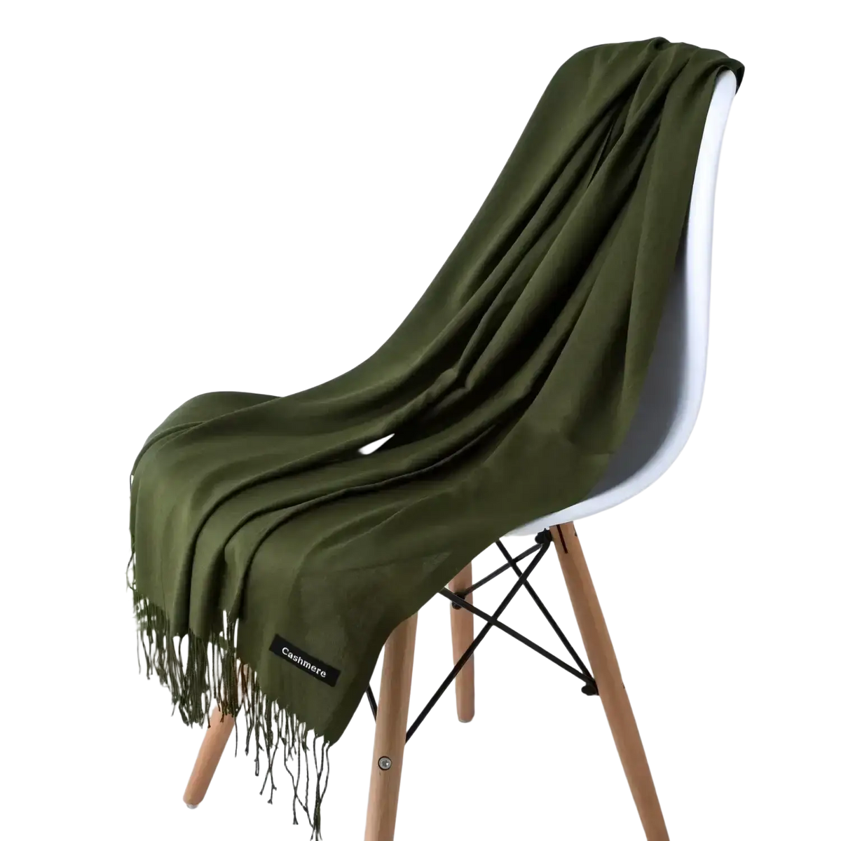 Olive green cashmere feel winter scarf shawl with fringe detailing for women in a soft cashmere feel fabric