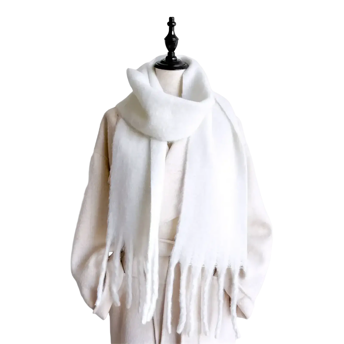 A plush white cashmere feel winter scarf with soft fluffy texture and long fringe ends for women
