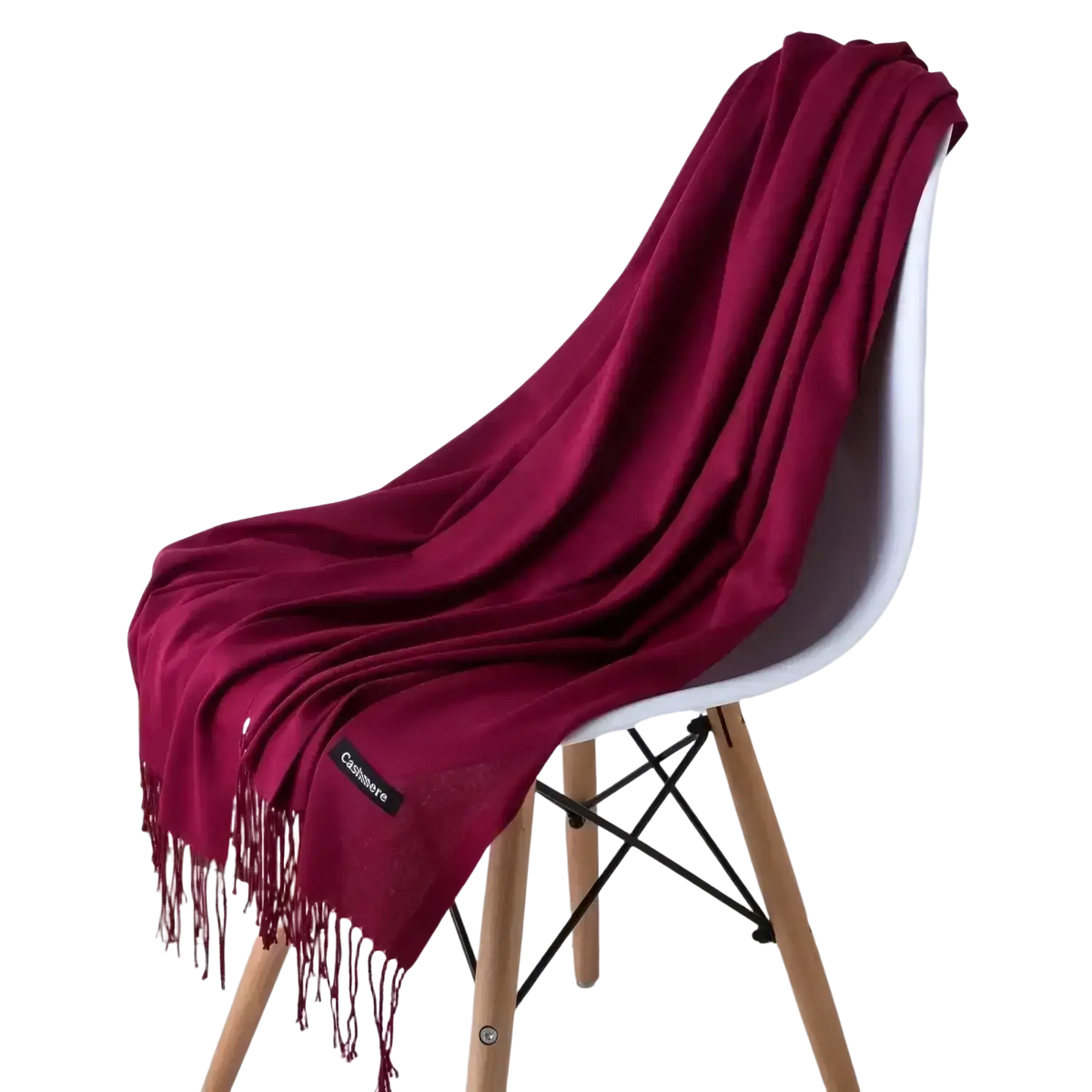 A rich burgundy women cashmere feel winter scarf with delicate fringe and a subtle brand label