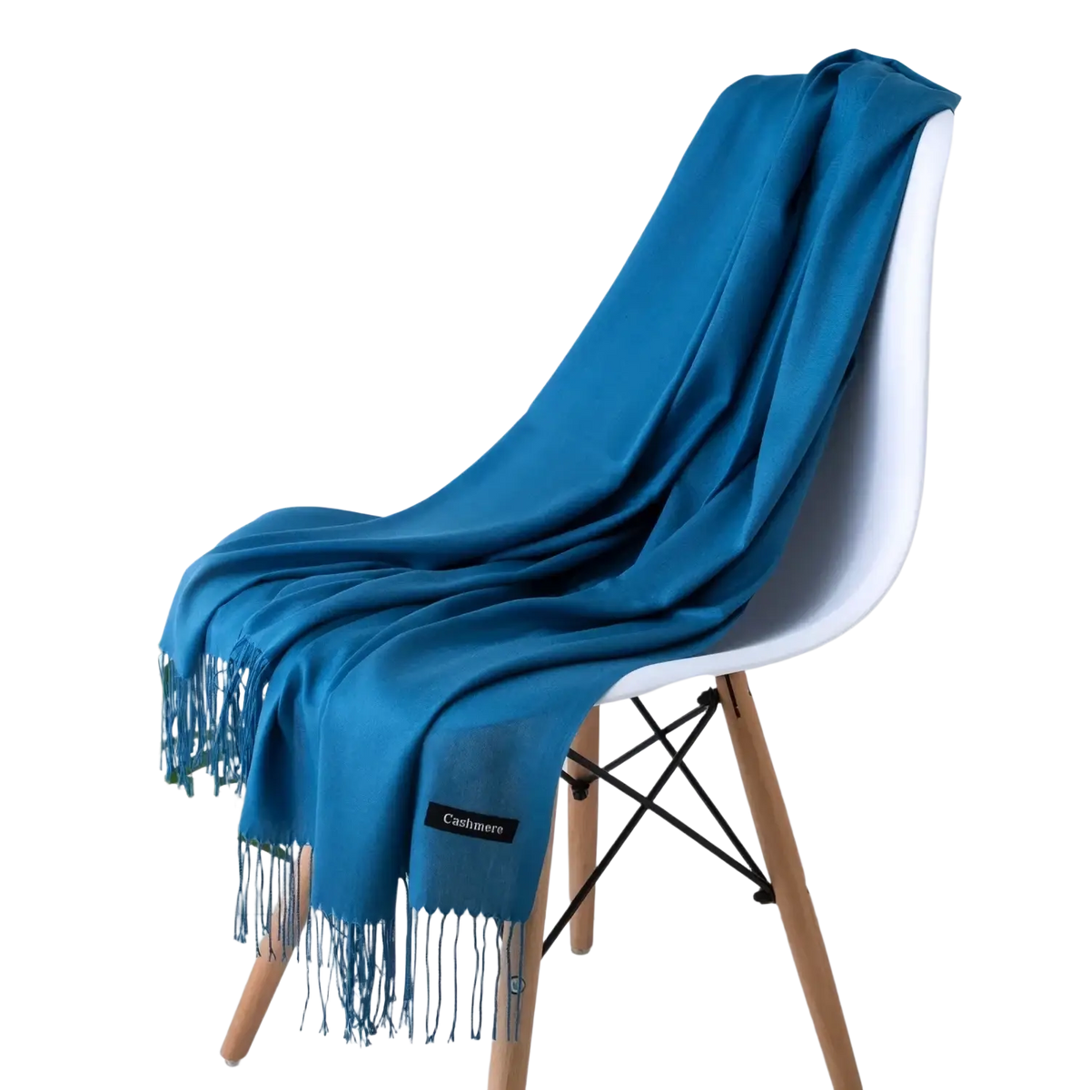 Women cashmere feel winter scarf shawl in rich teal with soft cashmere texture and delicate fringe detailing