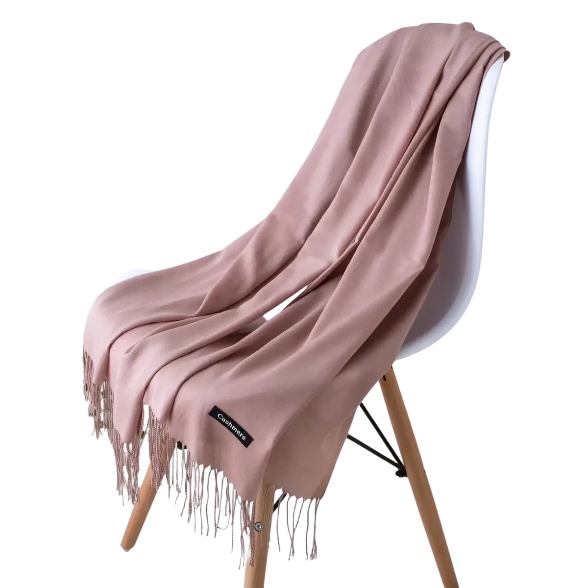 A soft blush pink women cashmere feel winter scarf shawl with delicate fringe and a small black brand tag