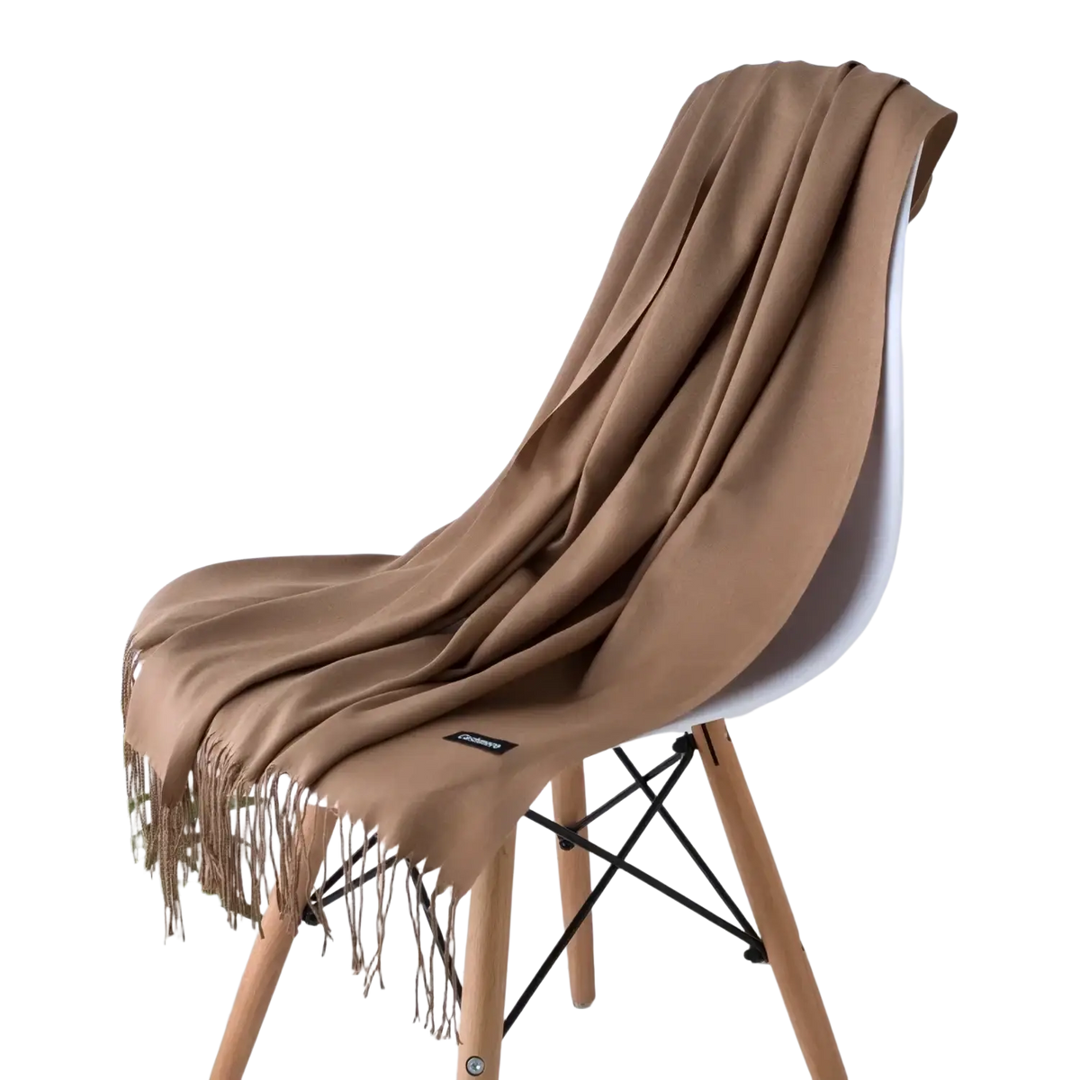 A soft camel-colored cashmere feel winter scarf shawl with delicate fringe detailing for women