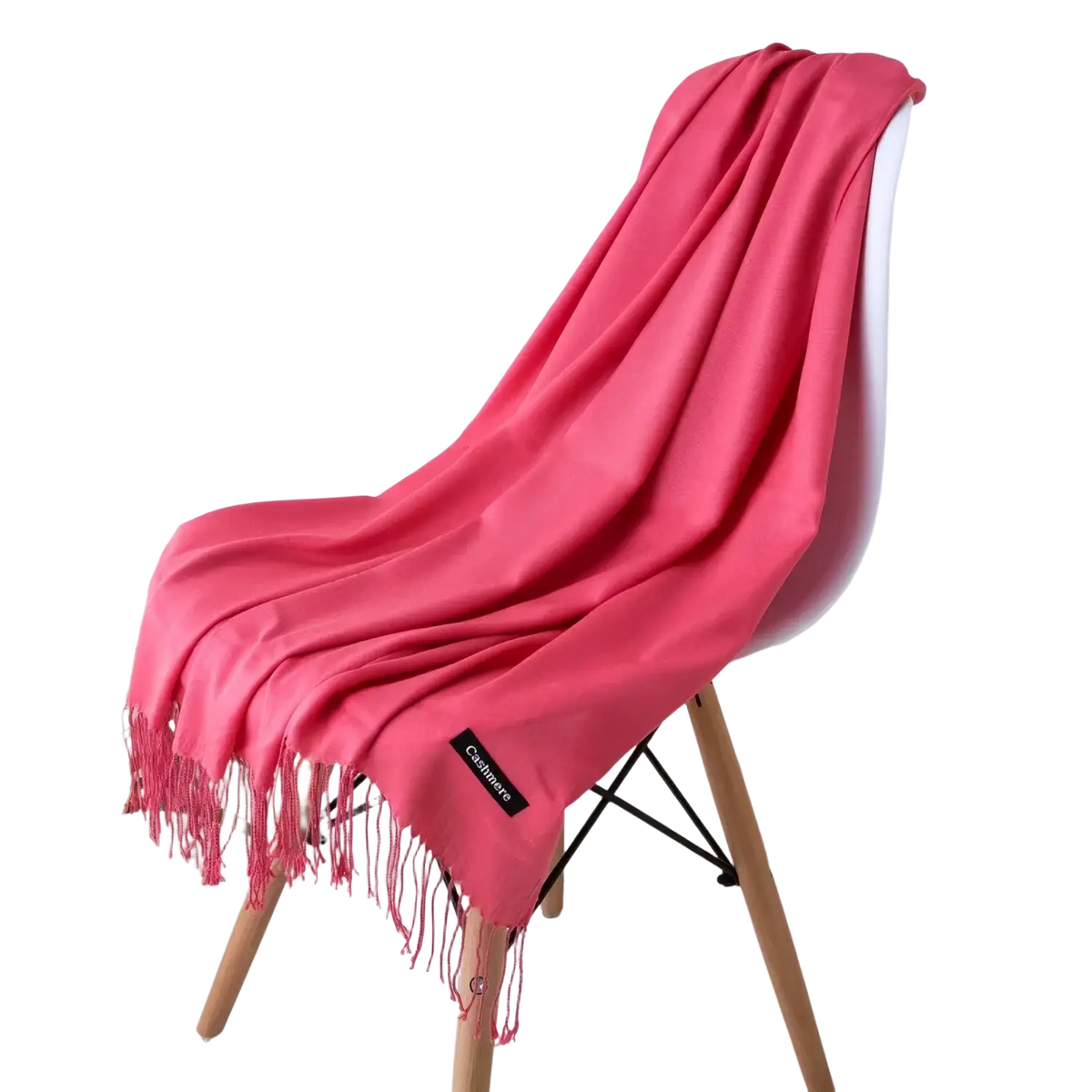 Women cashmere feel winter scarf shawl in soft coral pink cashmere with delicate fringe and subtle brand tag