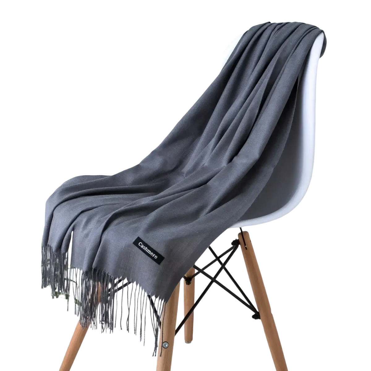A soft dark gray cashmere feel winter scarf shawl with delicate fringe detailing and a subtle cashmere label