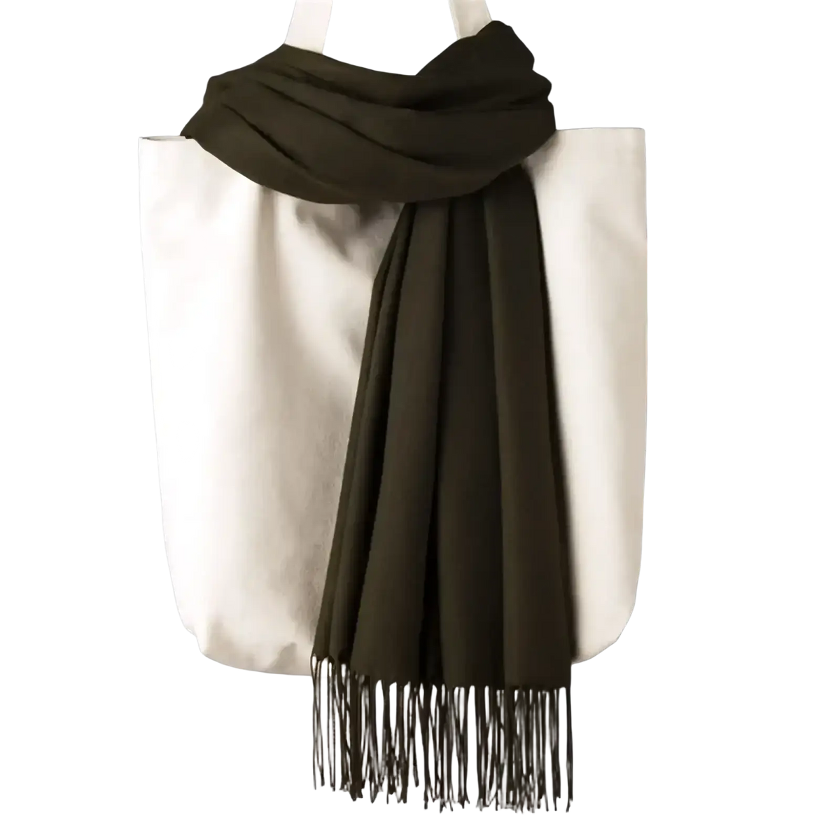 A soft dark olive green cashmere feel winter scarf with delicate fringe detailing for women