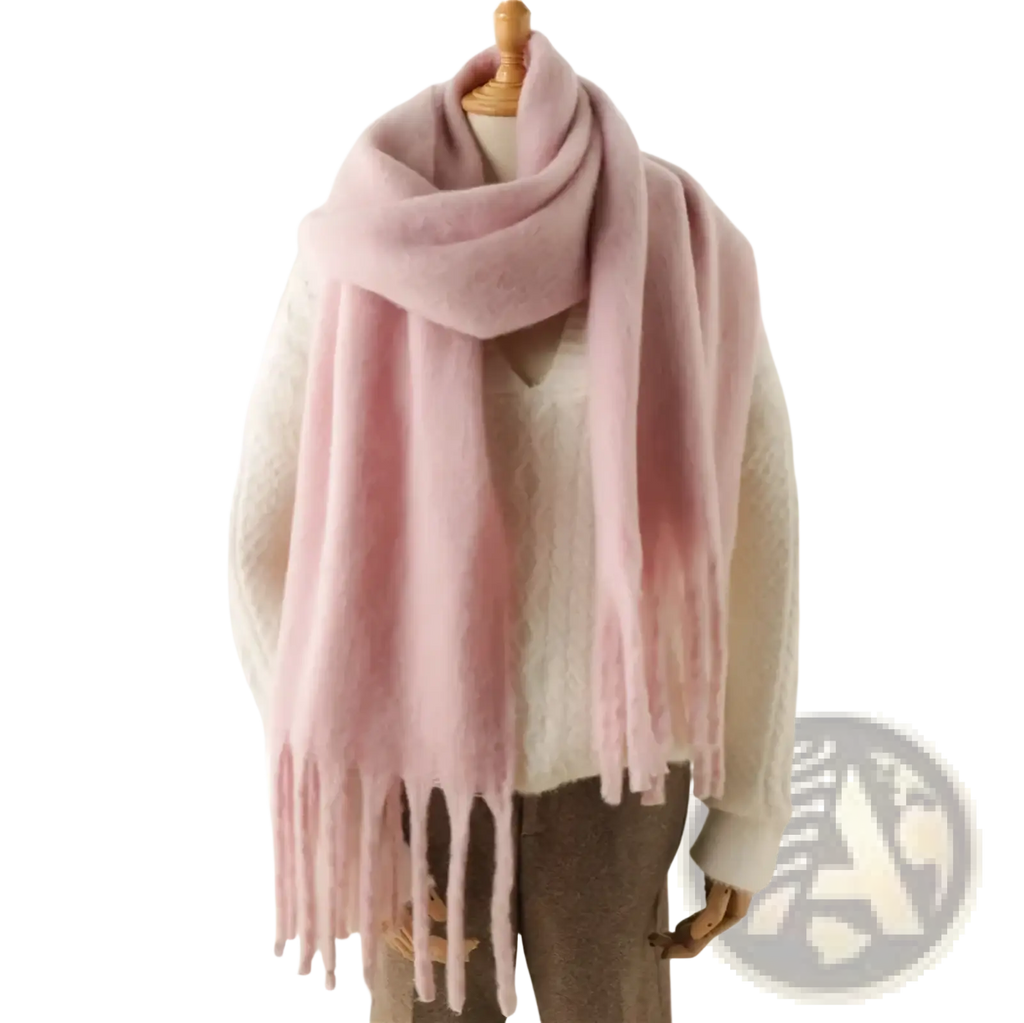Soft dusty pink women cashmere feel winter scarf shawl with subtle gradient and delicate fringe detail