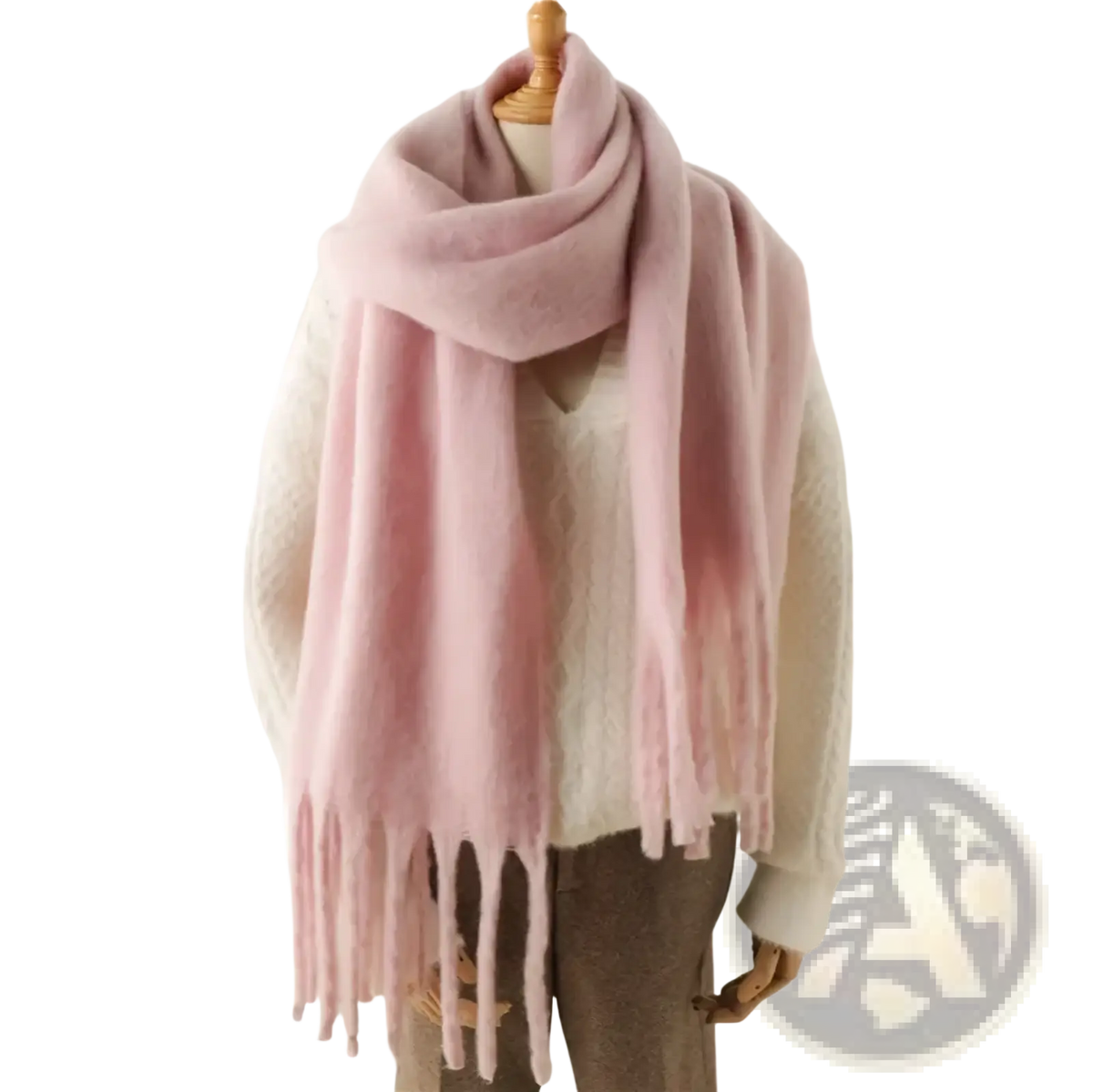 Soft dusty pink women cashmere feel winter scarf shawl with subtle gradient and delicate fringe detail