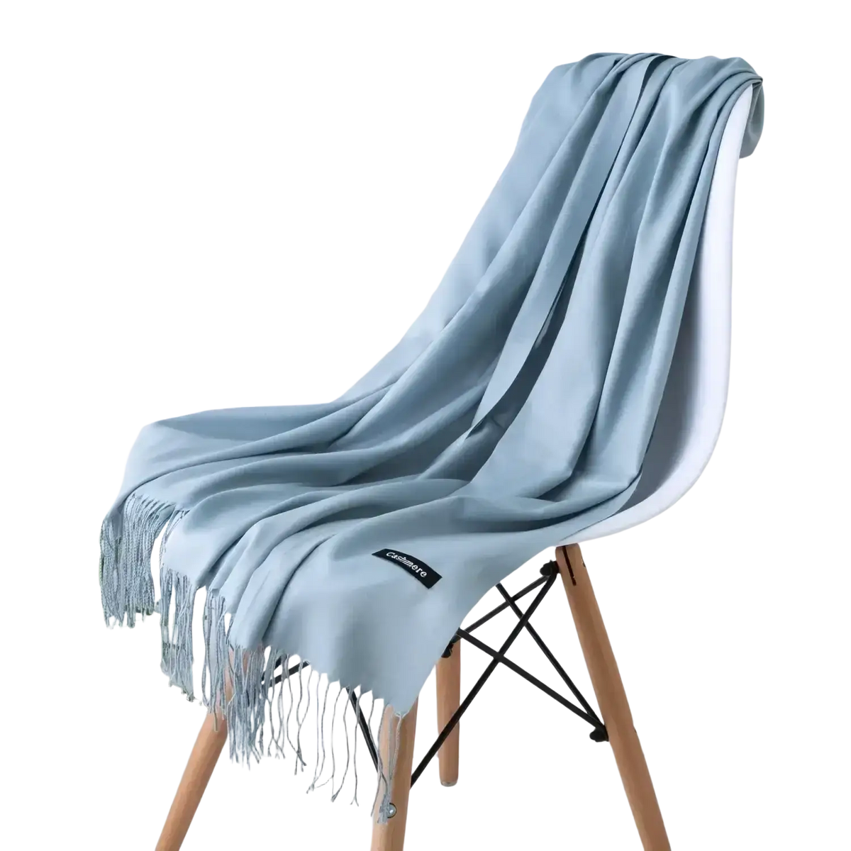 A soft light blue cashmere feel winter scarf shawl with delicate fringe and subtle brand tag for women