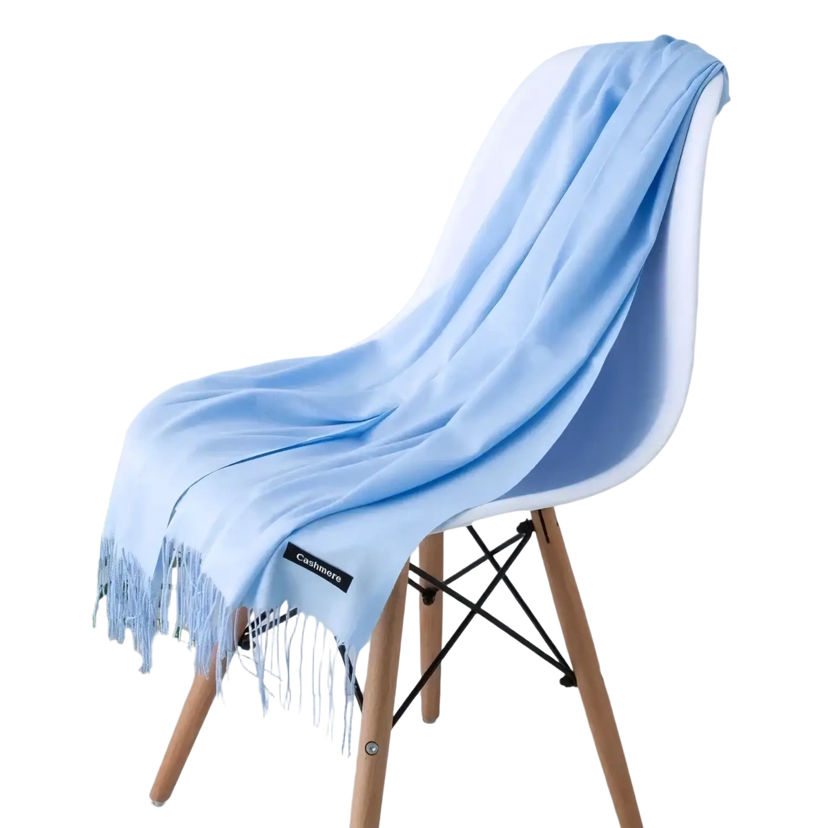 Women cashmere feel winter scarf shawl in soft light blue cashmere with delicate fringe and subtle sheen
