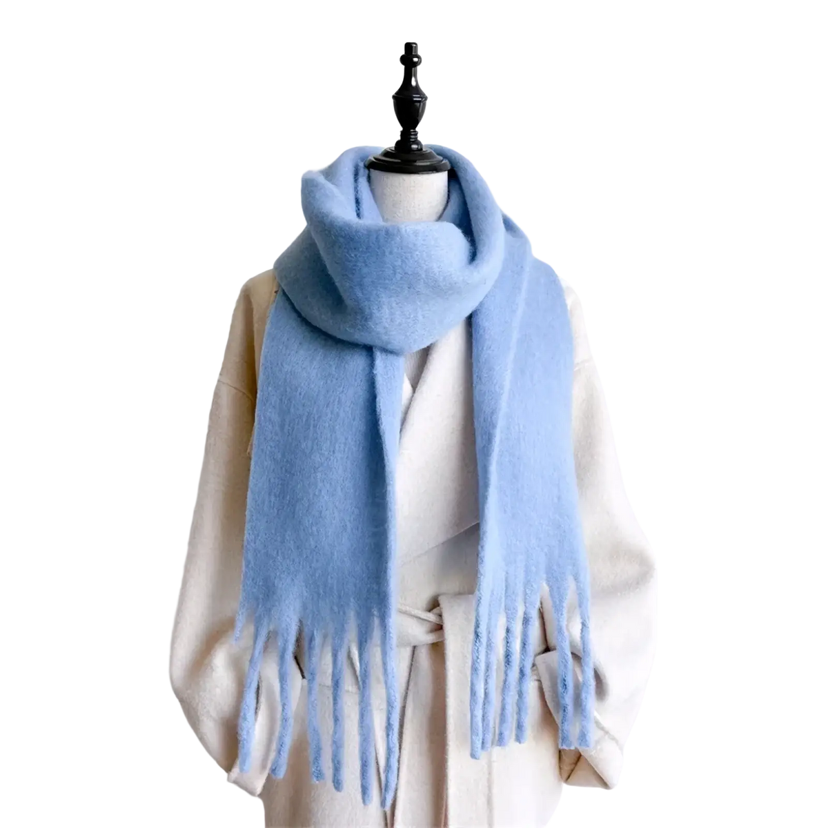 A soft light blue cashmere feel winter scarf shawl with delicate fringe detailing for women