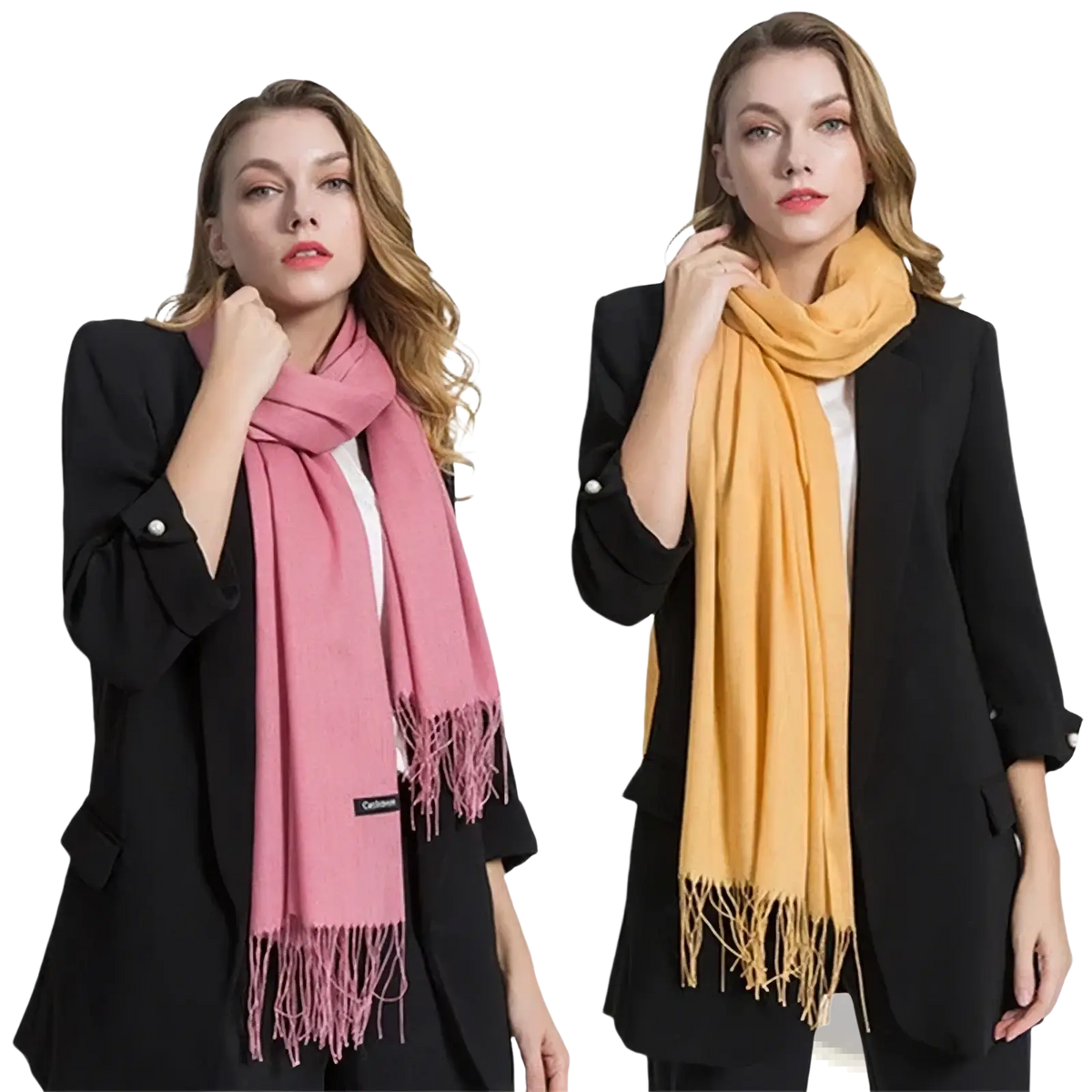 A soft women cashmere feel winter scarf shawl in solid pink or mustard yellow with delicate fringe detailing