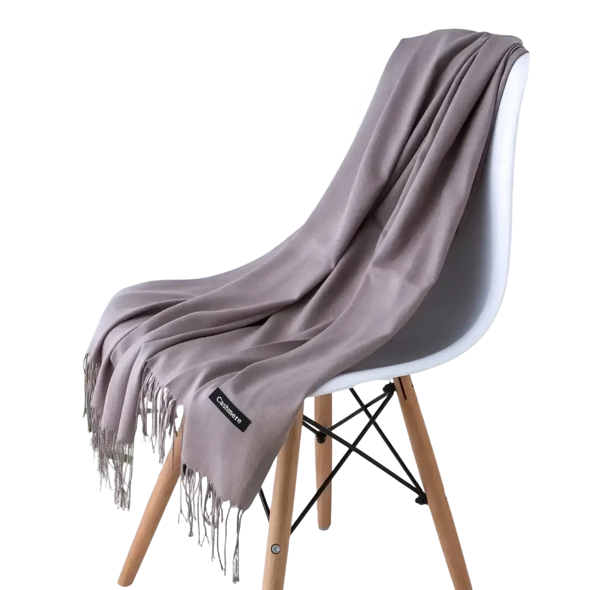 A soft muted gray cashmere feel winter scarf shawl with delicate fringe and subtle brand tag for women