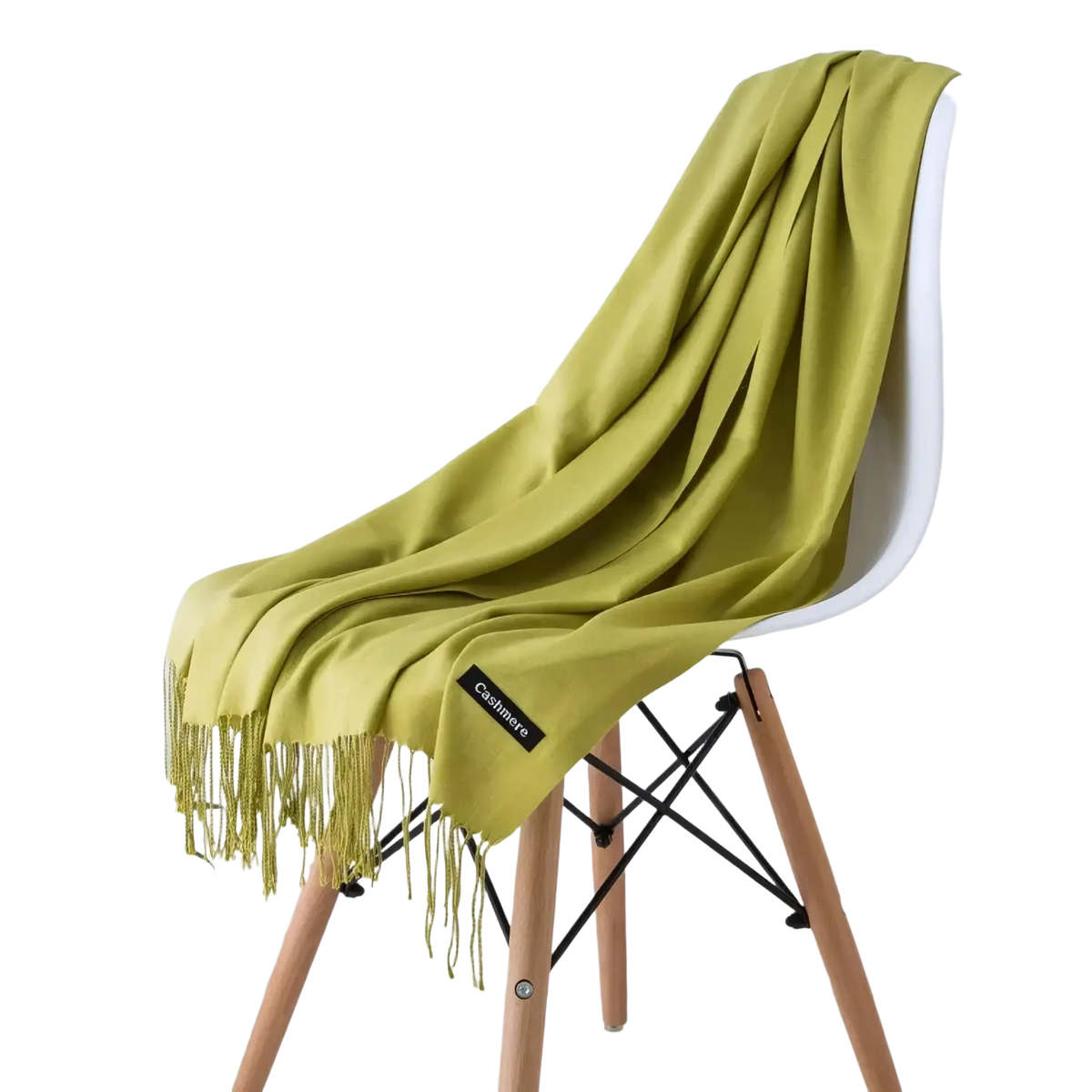 A soft olive green women cashmere feel winter scarf shawl with delicate fringe and subtle brand tag