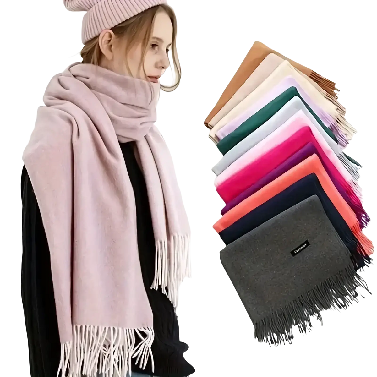 A soft pastel pink cashmere feel winter scarf with white fringe detailing ideal for women in cold weather