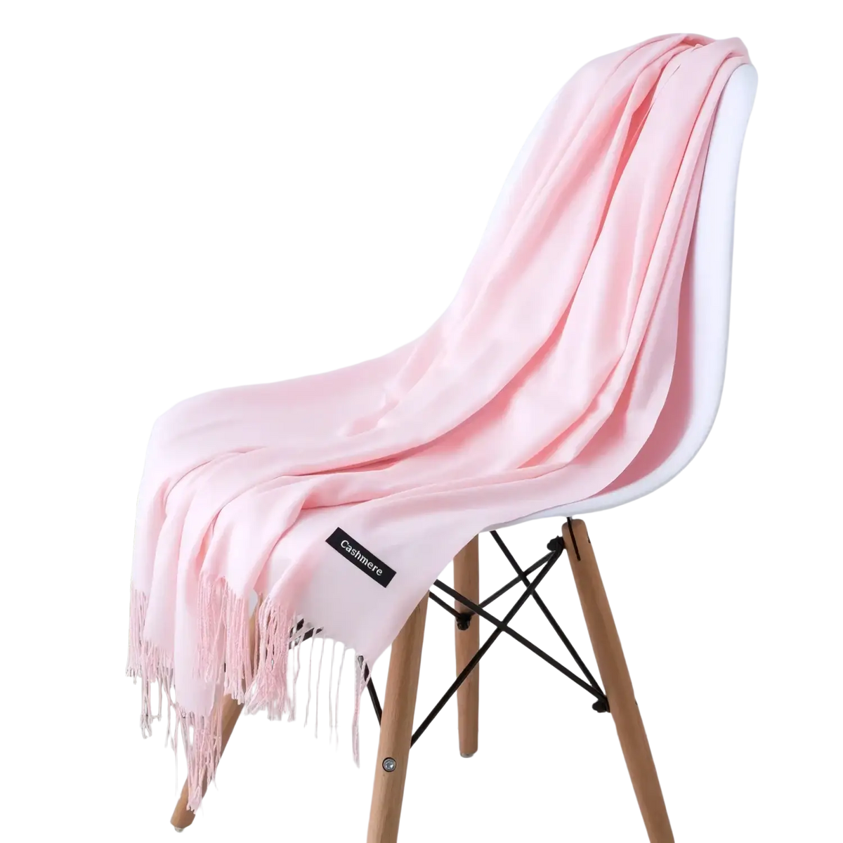 A soft pink cashmere feel winter scarf shawl with delicate fringe and a black brand tag
