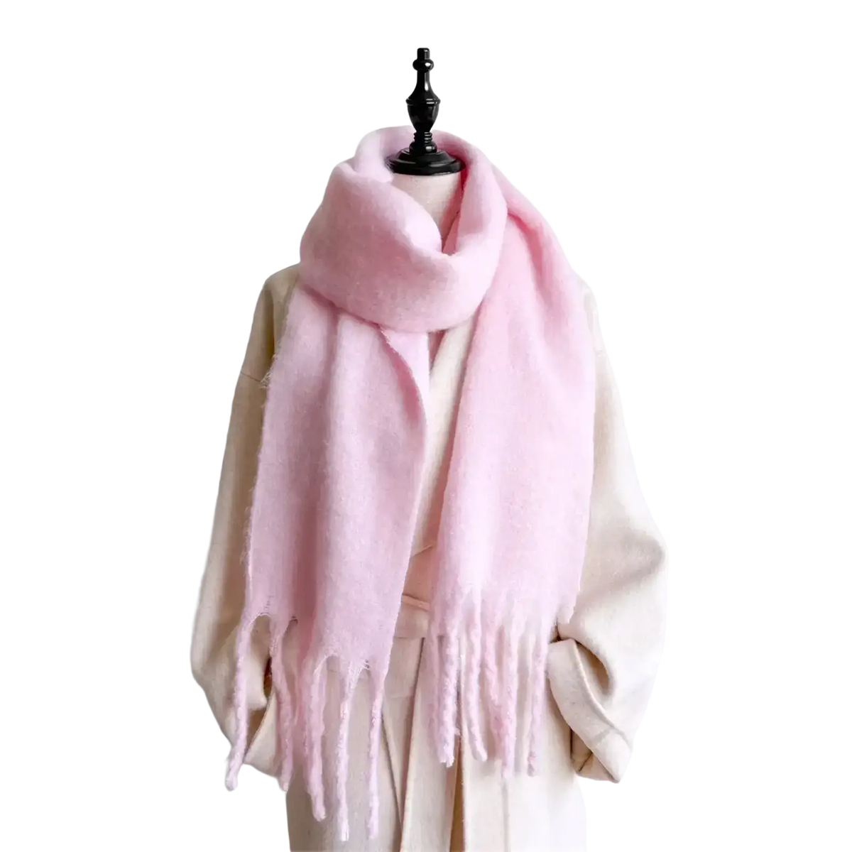 Women cashmere feel winter scarf shawl in soft pink fluffy knit with fringed ends perfect for feel winter use