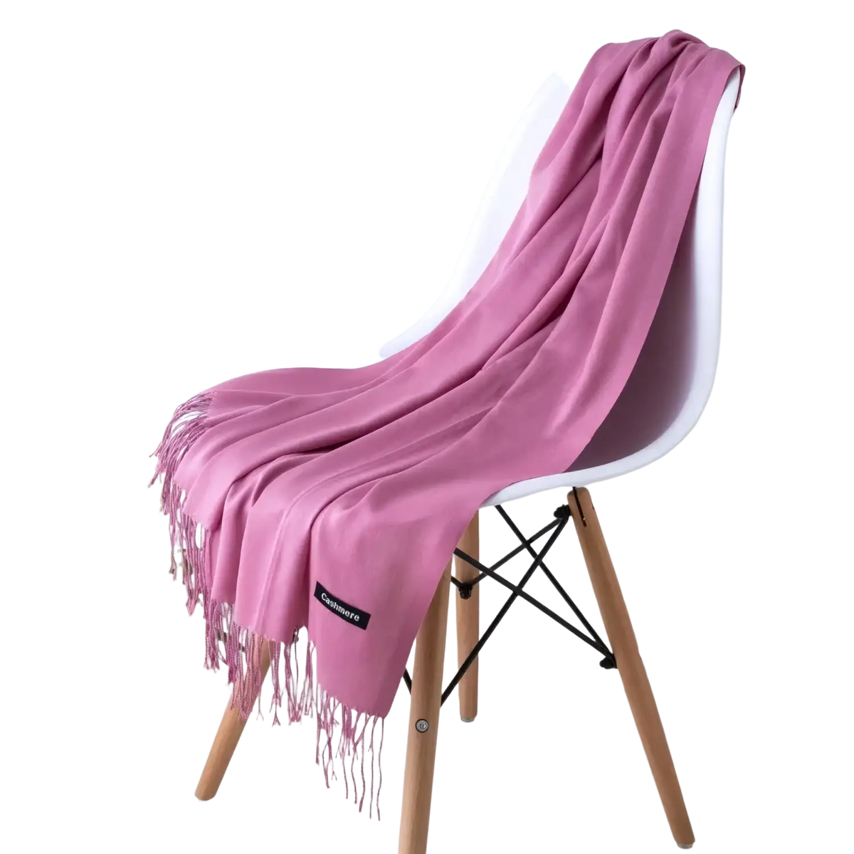 A soft pink women cashmere feel winter scarf shawl with delicate fringe and a small black brand tag