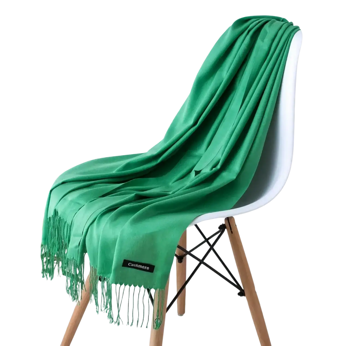 A vibrant green women cashmere feel winter scarf shawl with delicate fringe detailing for cold weather use