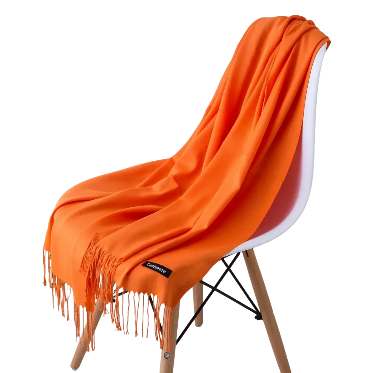 A vibrant orange women cashmere feel winter scarf shawl with delicate fringe detailing and a subtle brand tag