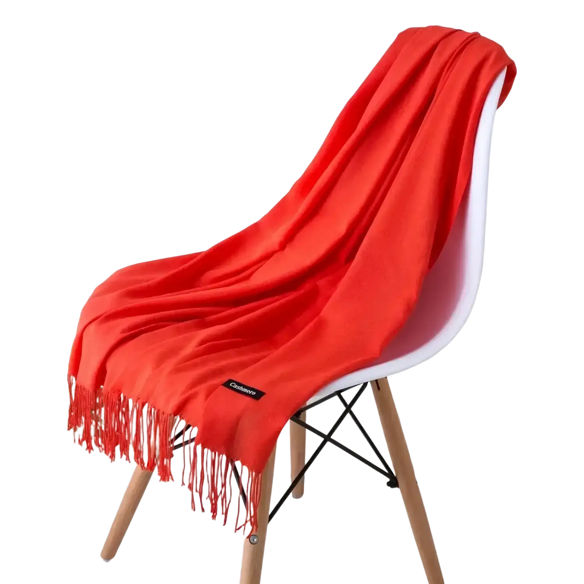 Vibrant red women cashmere feel winter scarf with delicate fringe detailing perfect for cold weather use