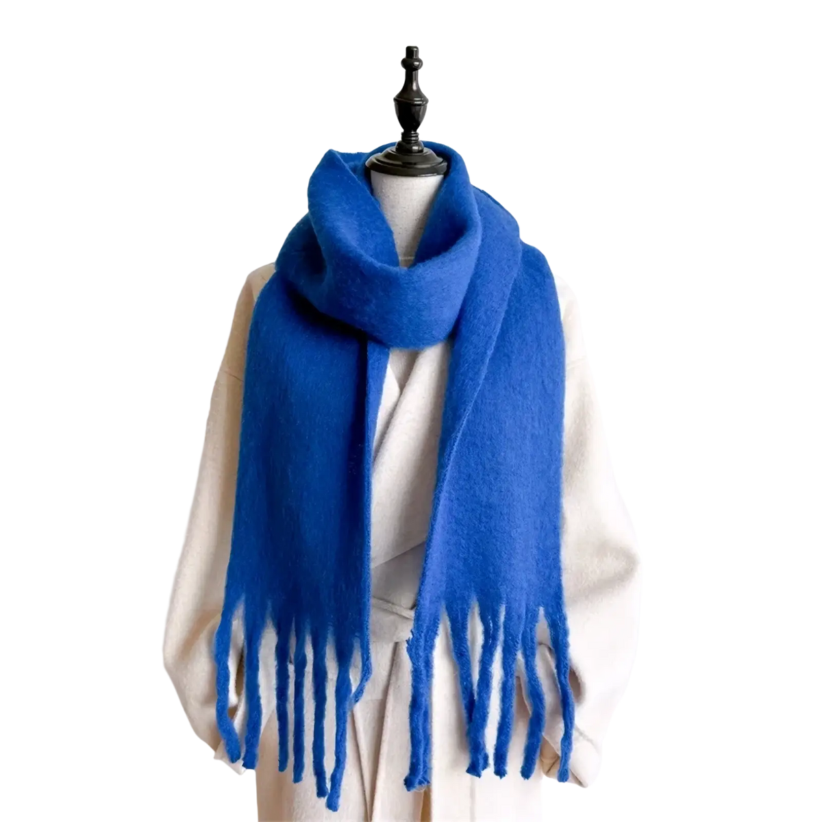 Vibrant royal blue women cashmere feel winter scarf shawl with soft texture and long fringe ends