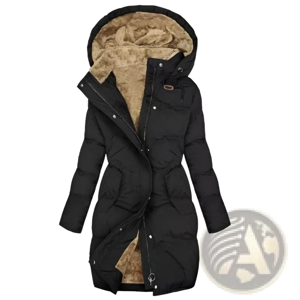 Black women cashmere puffer jacket with plush tan-lined fur collar hood and front zipper closure