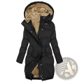 Black women cashmere puffer jacket with plush tan-lined fur collar hood and front zipper closure