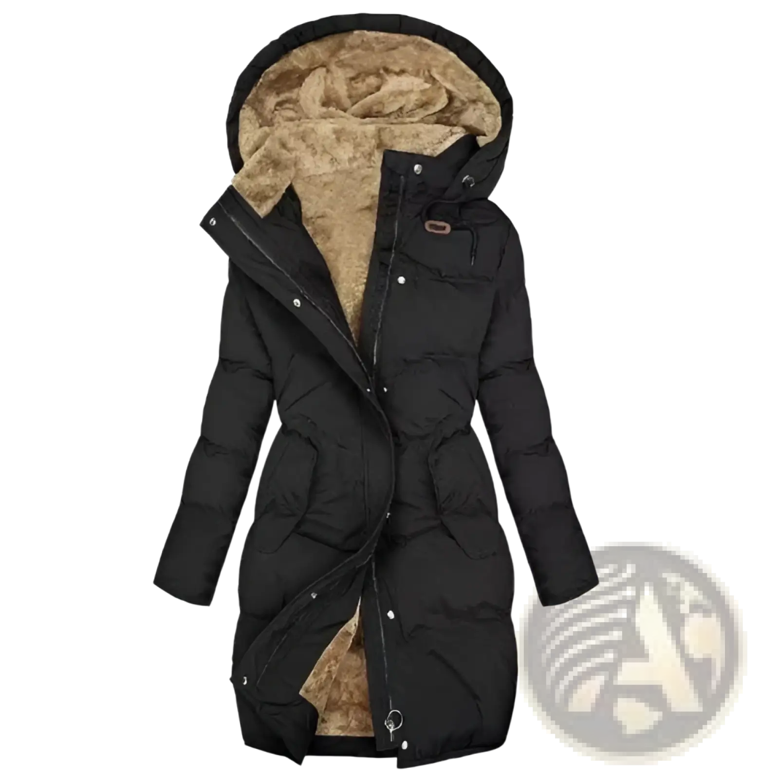 Black women cashmere puffer jacket with plush tan-lined fur collar hood and front zipper closure