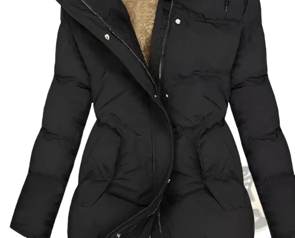 Women cashmere fur collar black puffer jacket with quilted design and cozy beige lining for cold weather