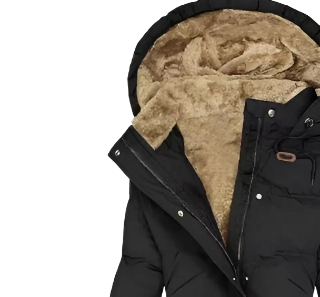 Women cashmere fur collar puffer jacket in black with plush tan fleece-lined hood and silver-toned snap buttons