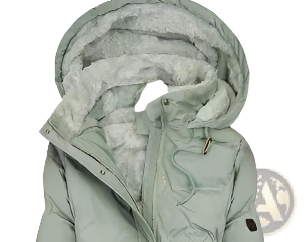 Light green women cashmere fur collar puffer jacket with quilted design and plush fuzzy-lined hood