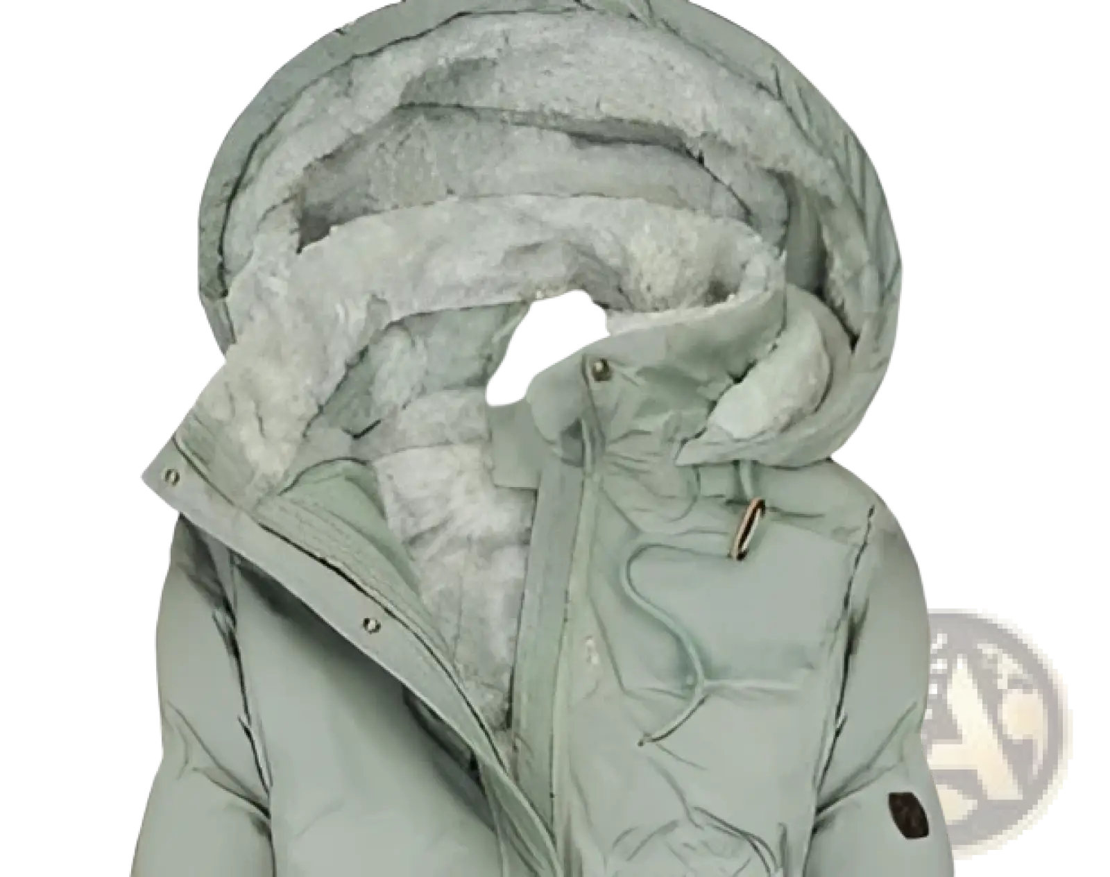 Light green women cashmere fur collar puffer jacket with quilted design and plush fuzzy-lined hood