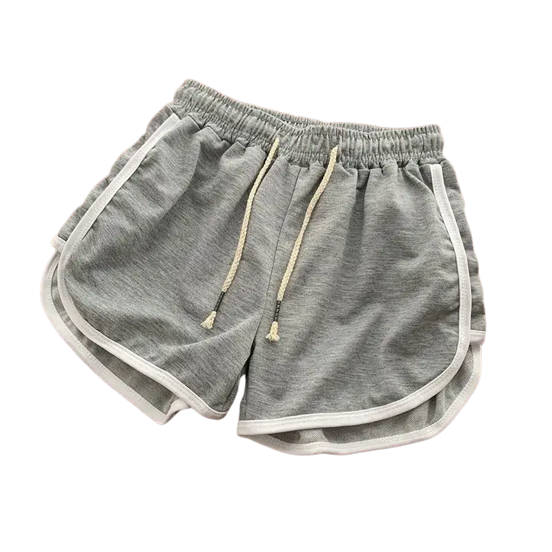 Women casual athletic shorts in gray with white trim and matching drawstrings designed for comfort and active use