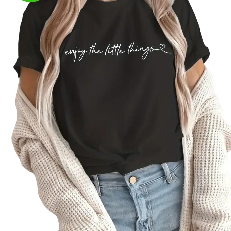 Black short-sleeved cotton women casual graphic t shirt with white cursive enjoy the little things text and heart symbol