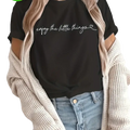 Black short-sleeved cotton women casual graphic t shirt with white cursive enjoy the little things text and heart symbol