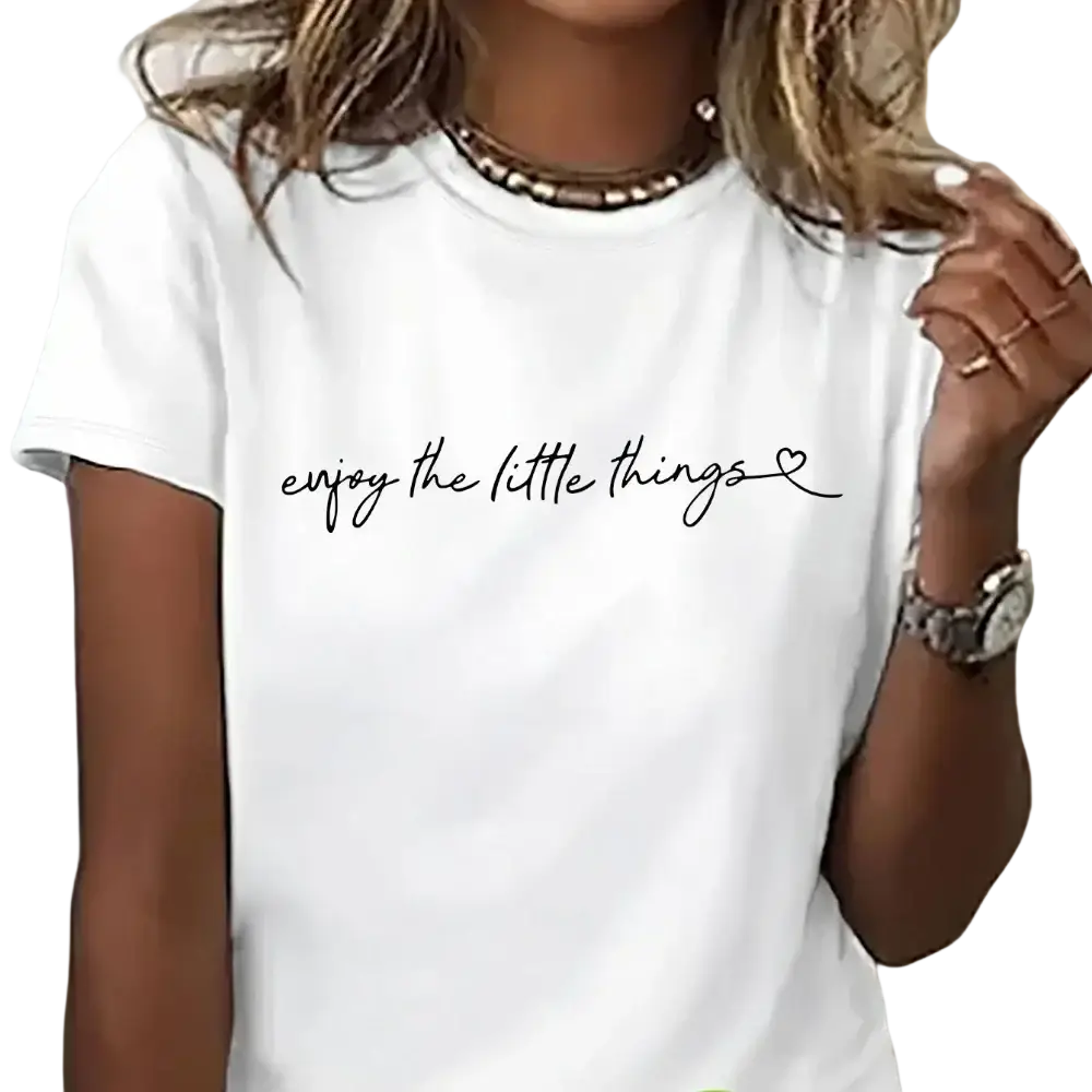 White cotton women casual graphic t shirt with black cursive text enjoy the little things and heart symbol