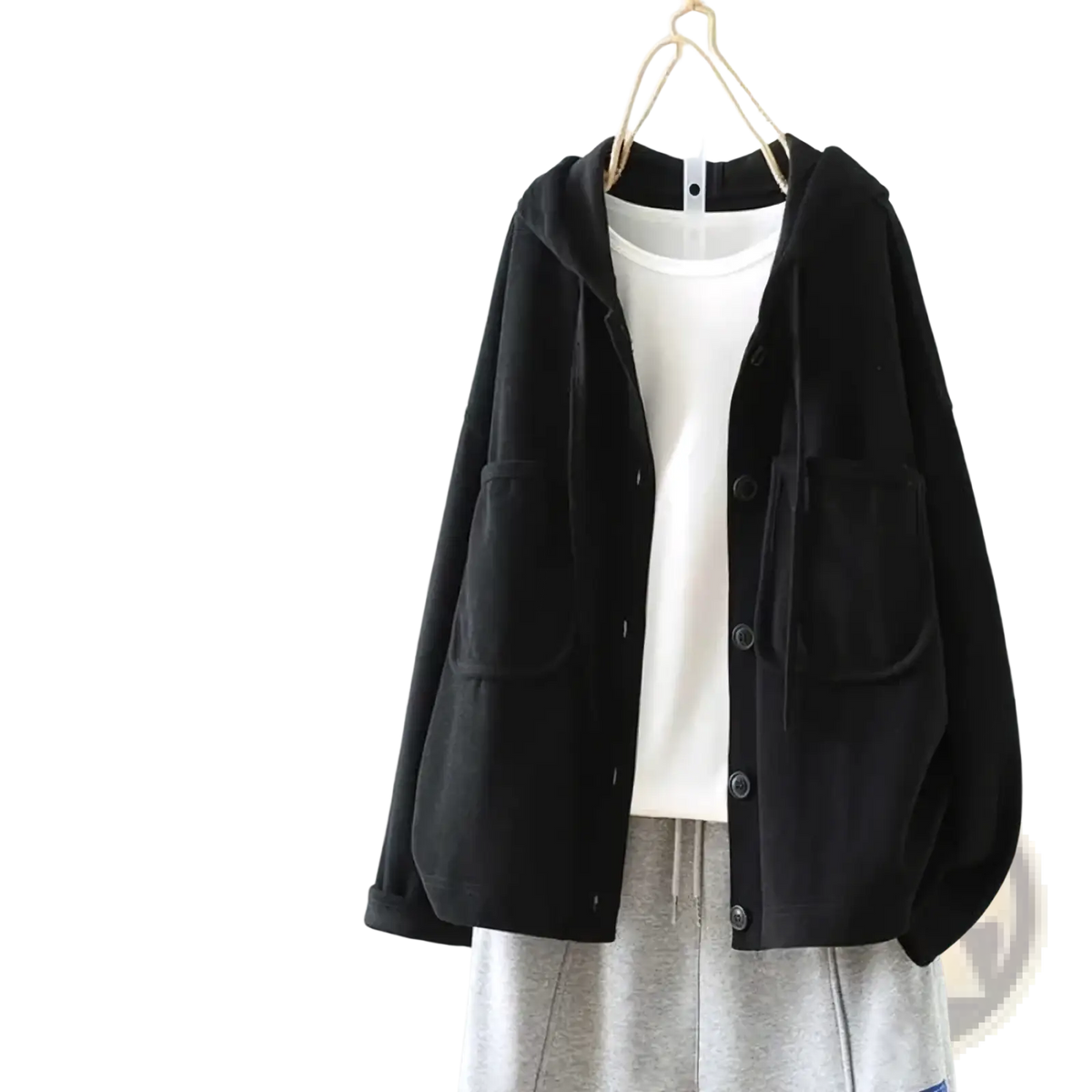 Black corduroy hooded cardigan with button closures and front pockets women casual cotton solid coat