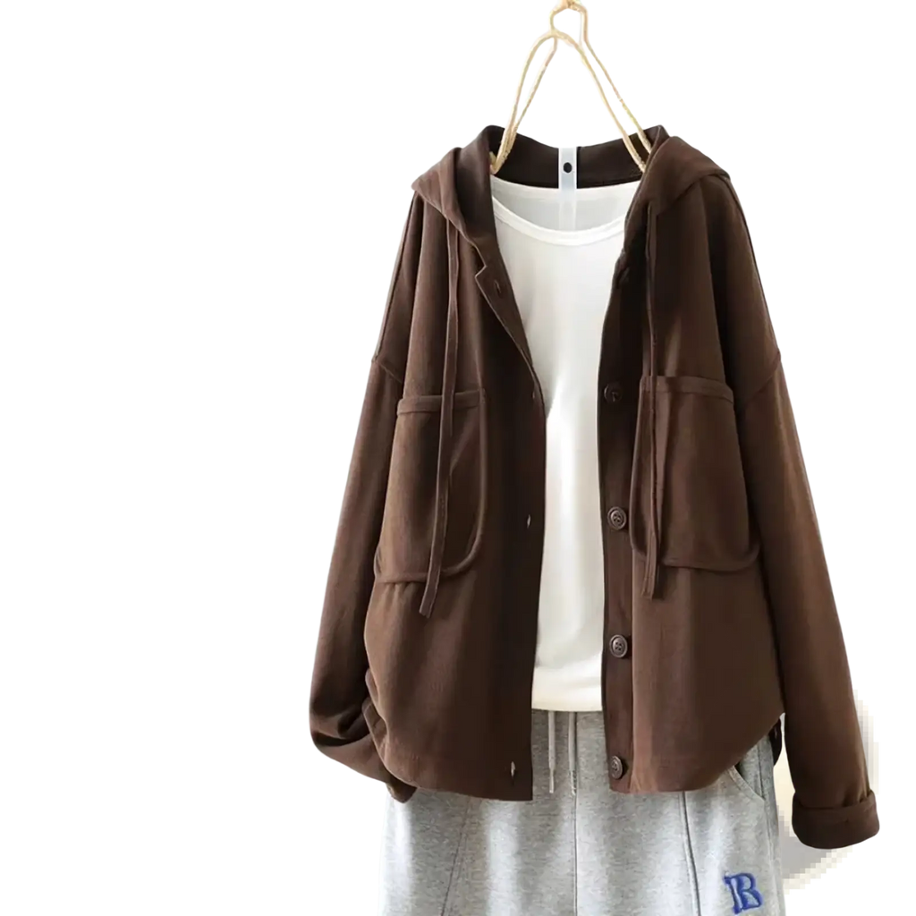 Brown hooded button-up cotton jacket with front pockets and drawstring hem for women casual wear