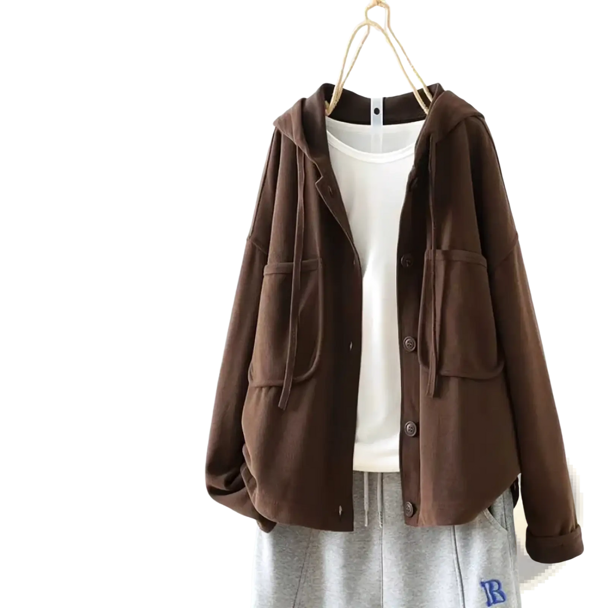 Brown hooded button-up cotton jacket with front pockets and drawstring hem for women casual wear