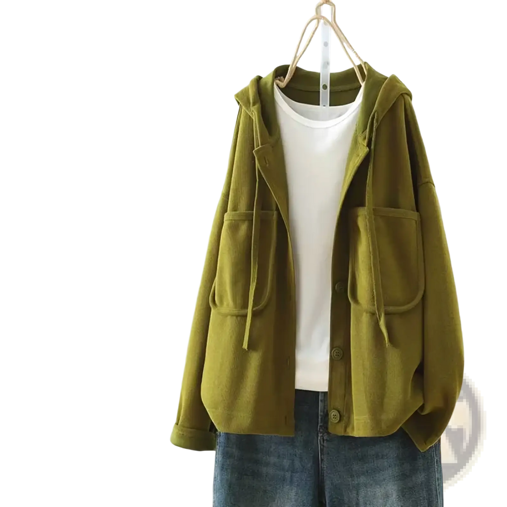 Women casual hooded jacket in olive green corduroy cotton with front buttons and large patch pockets for everyday wear