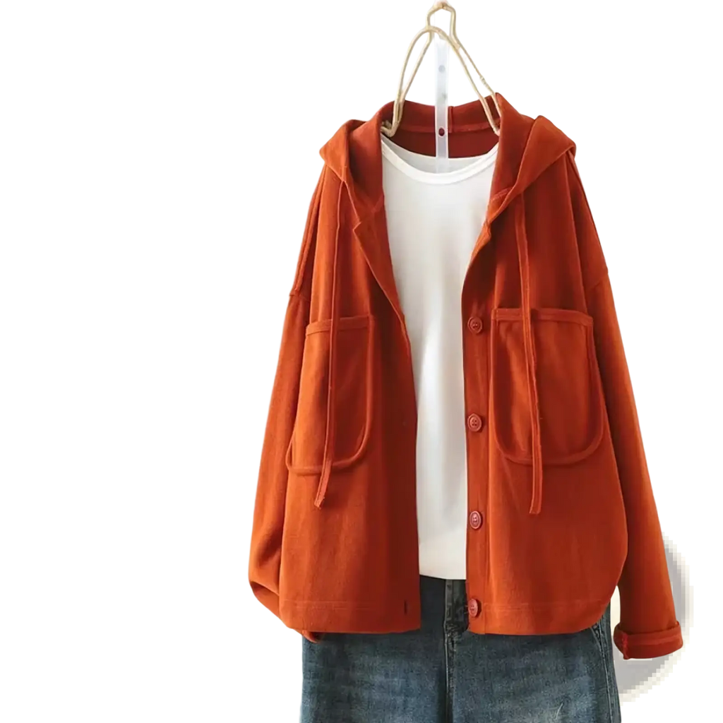 Orange corduroy women casual hooded jacket with button closures and front pockets made of cotton solid fabric