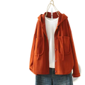 Women casual hooded jacket in warm orange corduroy cotton with button closures and front pockets for everyday wear
