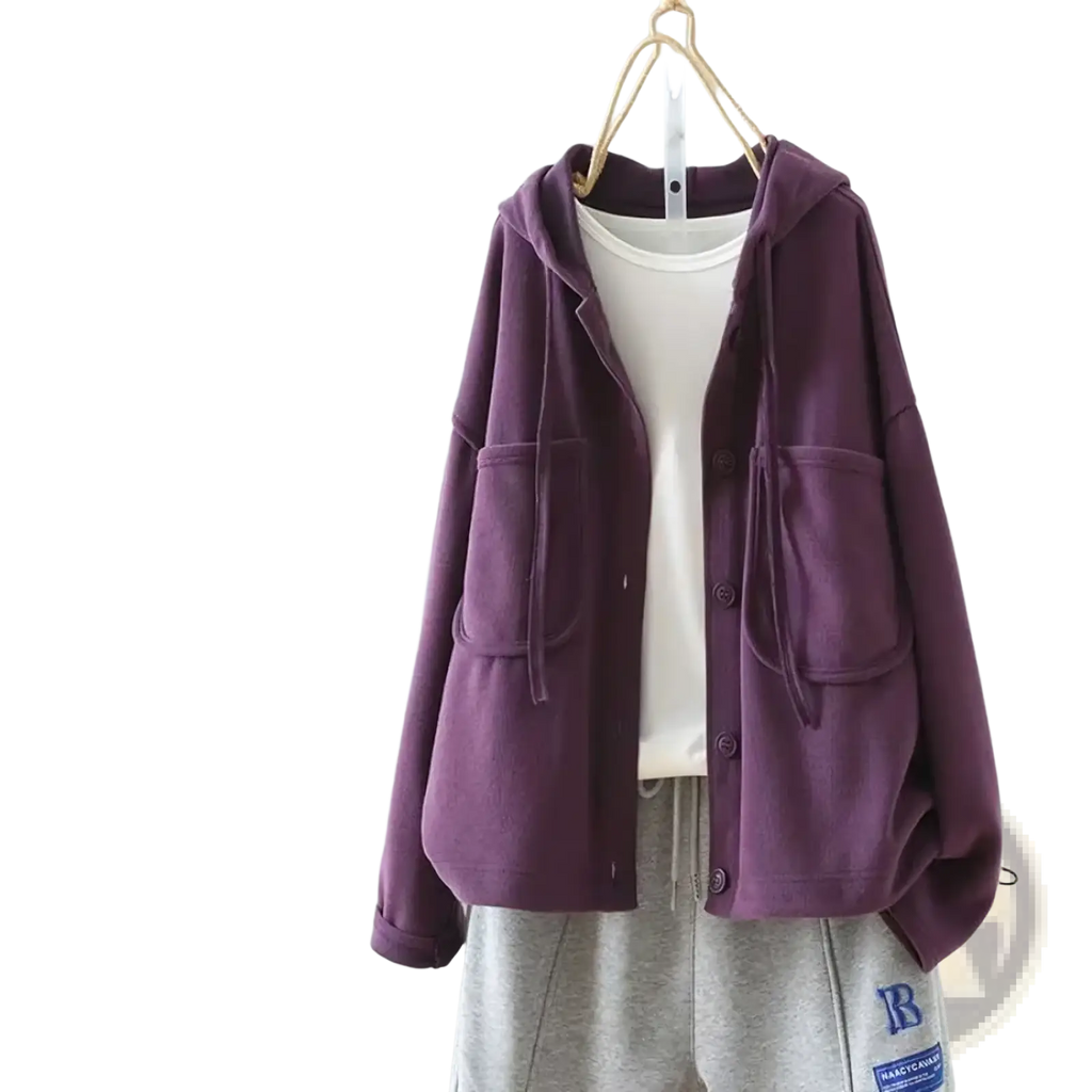 Women casual hooded jacket in purple cotton corduroy with button closure and front pockets for everyday wear