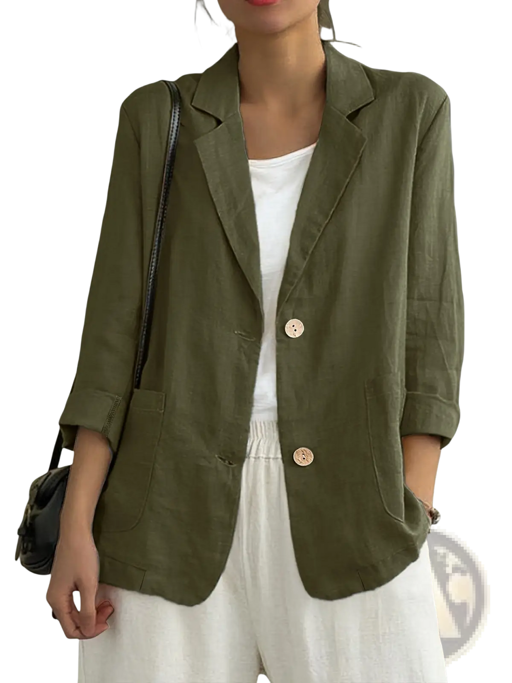 Olive green women casual linen blazer with beige buttons and rolled-up sleeves long sleeve solid jacket